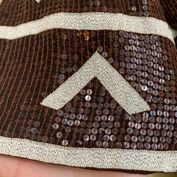 Vintage Fully Sequined Silk Brown White Aztec Design Surplice Tunic Dress XS - Picture 9 of 17